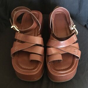 Free People Brown Leather Platform Strapped Sandals